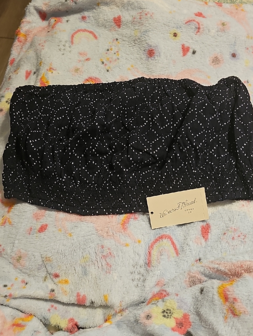 Universal Thread Black Smocked Strapless Tube Top with White Dot Pattern